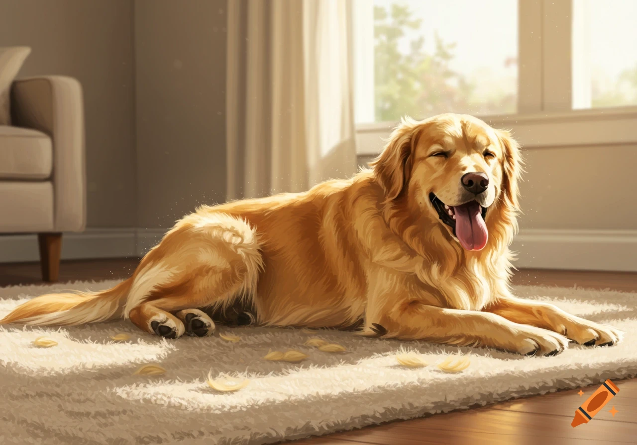A golden retriever dog lies on a rug in a sunlit room.