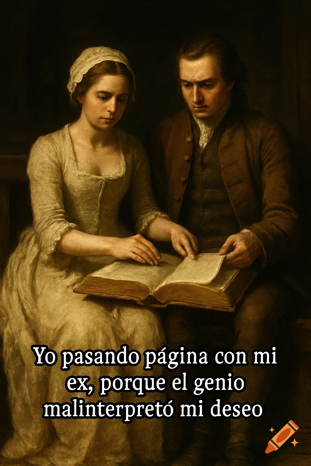 A historical painting of a man and woman reading a book with Spanish text overlay.