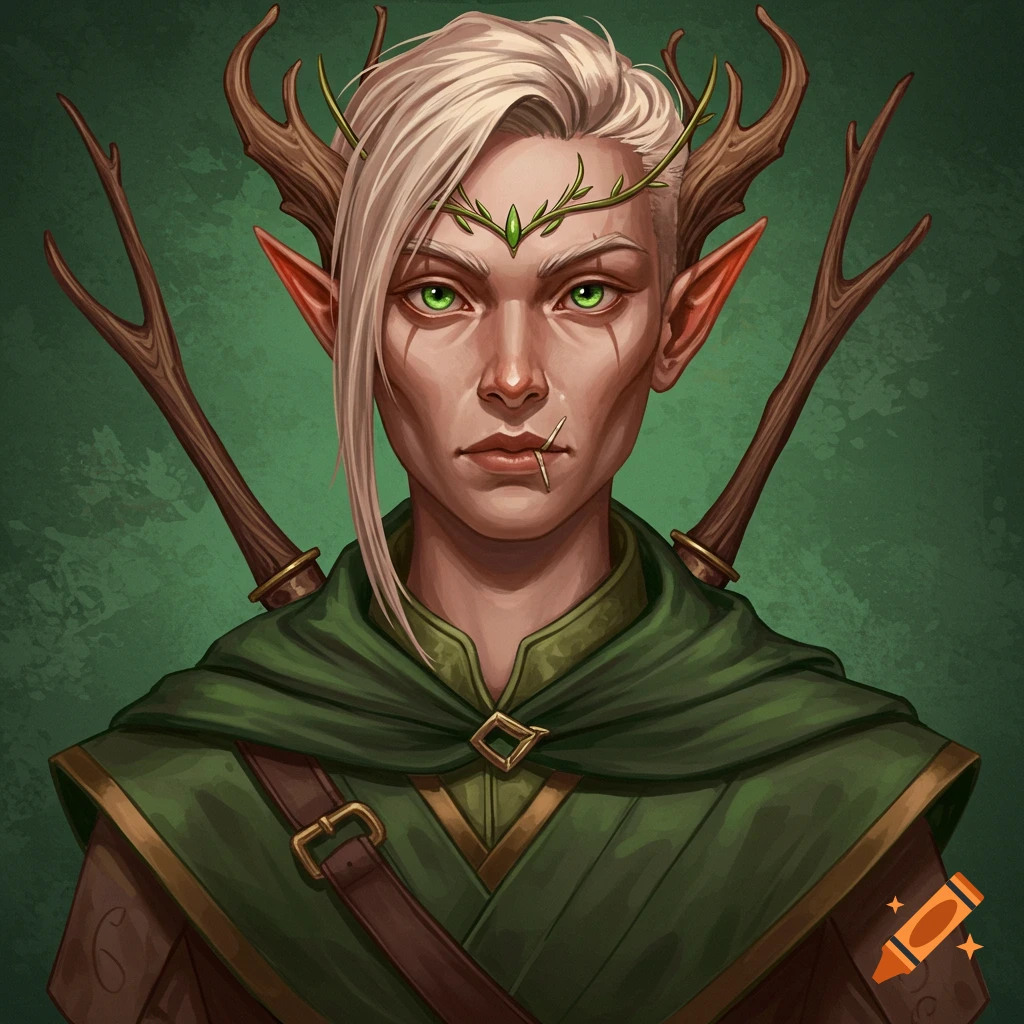 Portrait of a pale-skinned wood elf with blond hair, green eyes, antler branches, and green cloak.