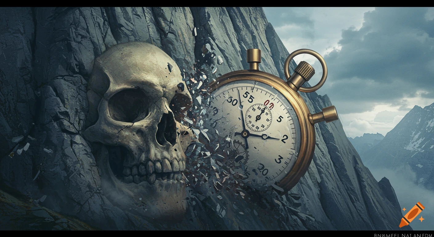 A dramatic image of a human skull integrated into a rocky mountain, with a large golden stopwatch shattering beside it, showing mountains in the background.