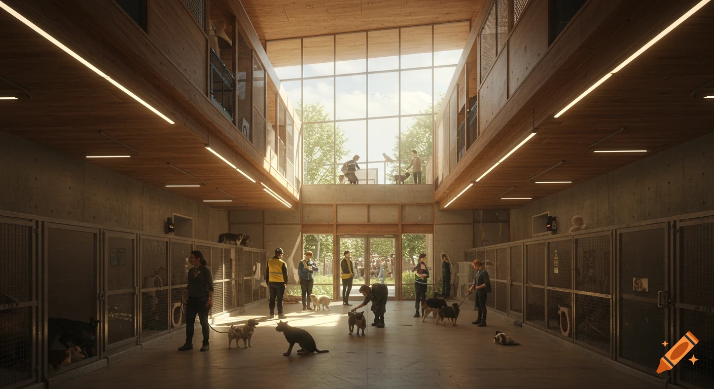 People and animals inside a modern animal shelter with high ceilings and large windows.