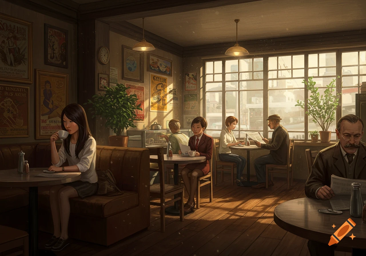 People sitting and drinking coffee in a sunlit cafe.