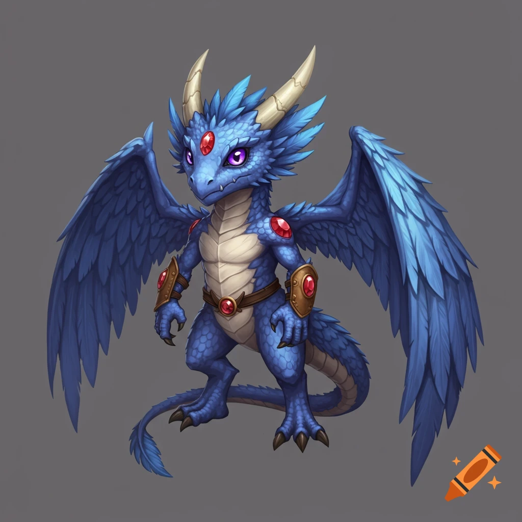 A small blue dragon character with wings, horns, and red gems.