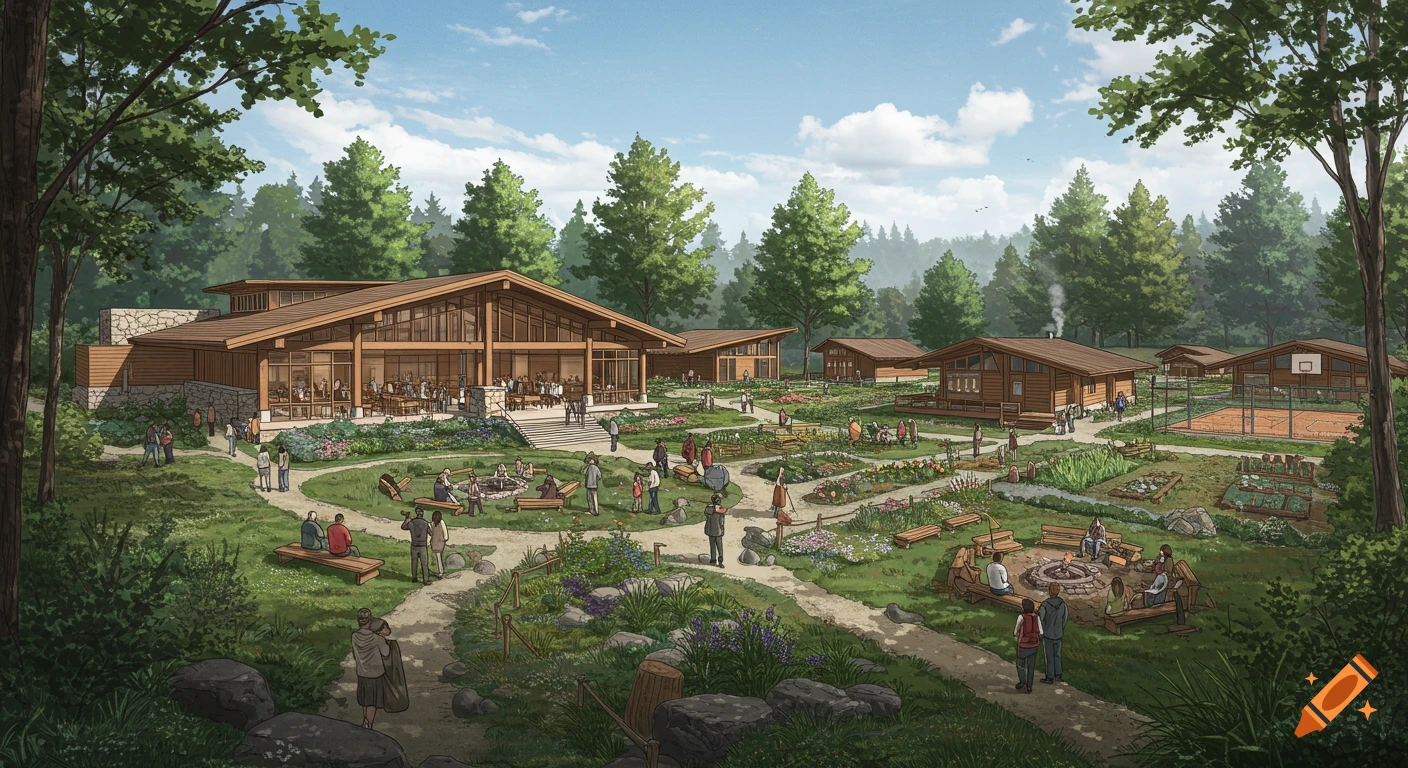 A community campus with modern buildings, gardens, and people gathering.