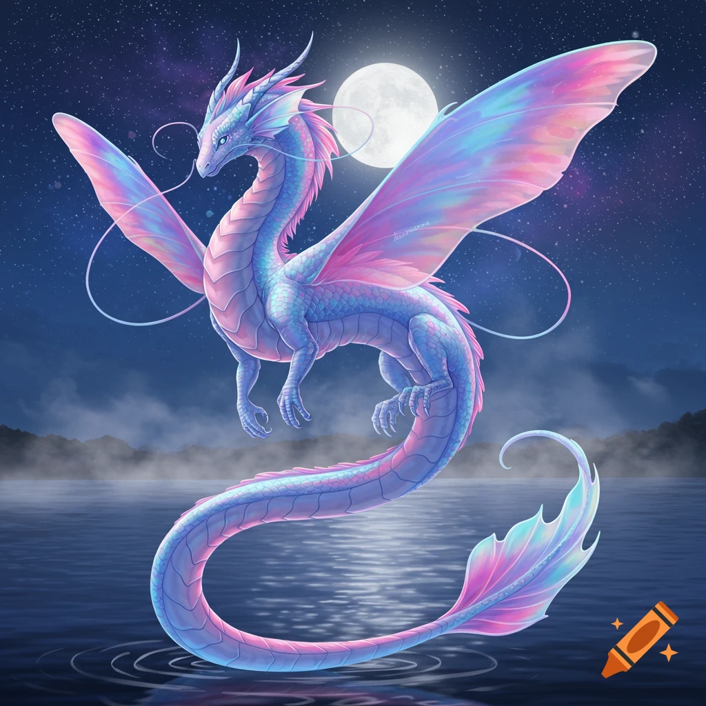 A pastel-colored fantasy dragon flies above water under a starry night sky and full moon.