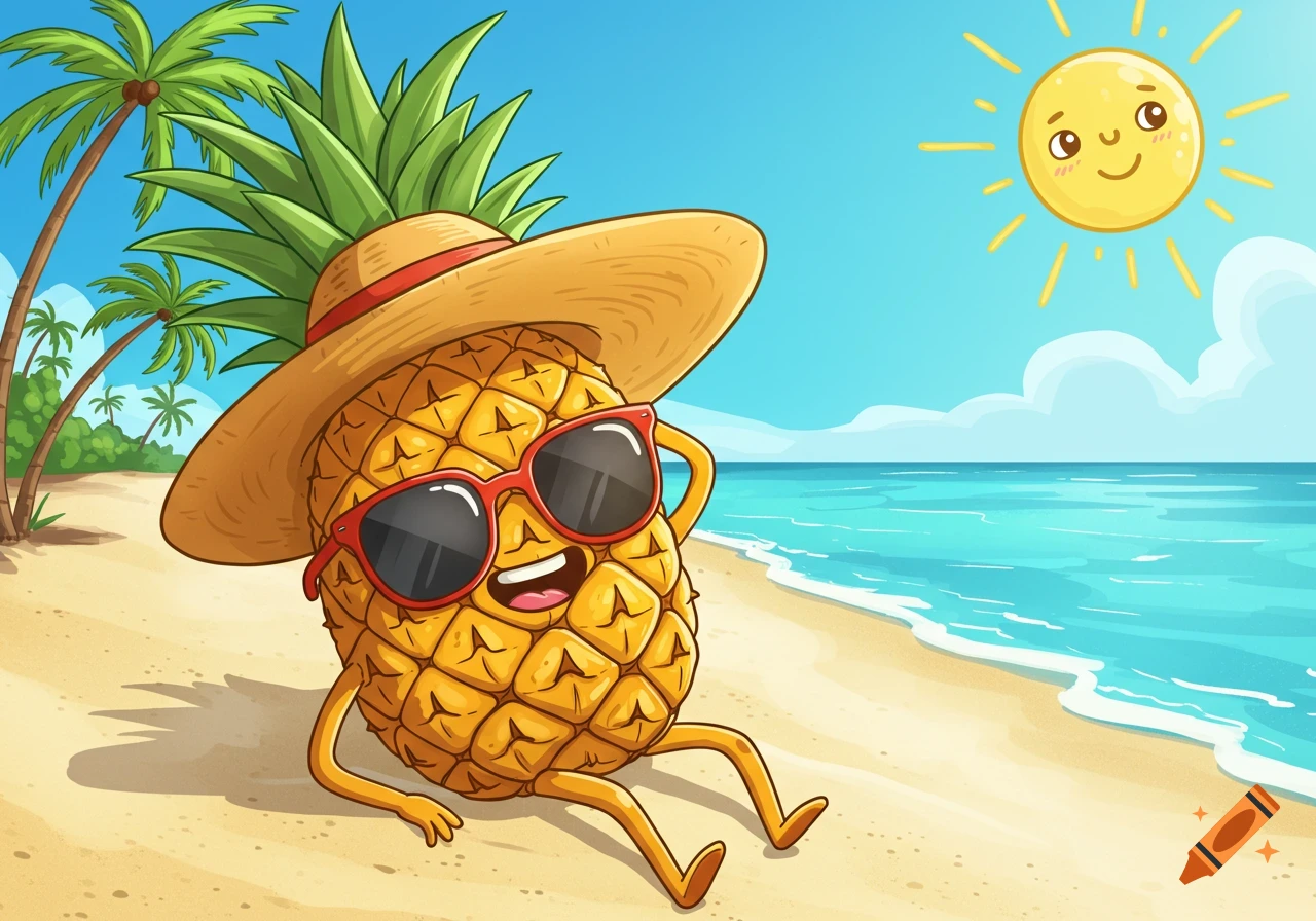 Cartoon pineapple wearing sunglasses and hat relaxing on a beach under a smiling sun.