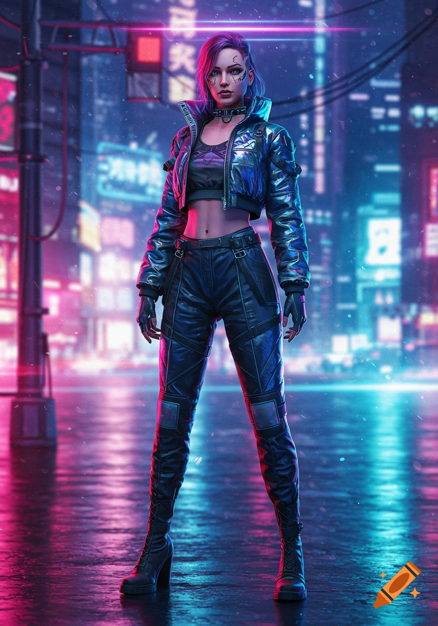 A woman in cyberpunk fashion stands in a neon-lit city street.