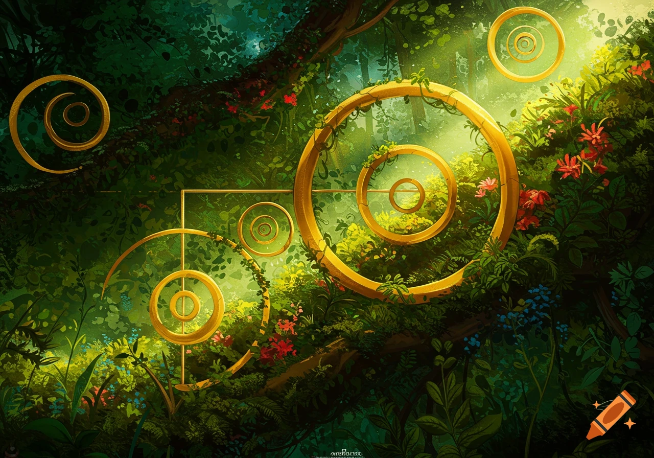 Golden geometric shapes intertwined with lush forest foliage in sunlight.