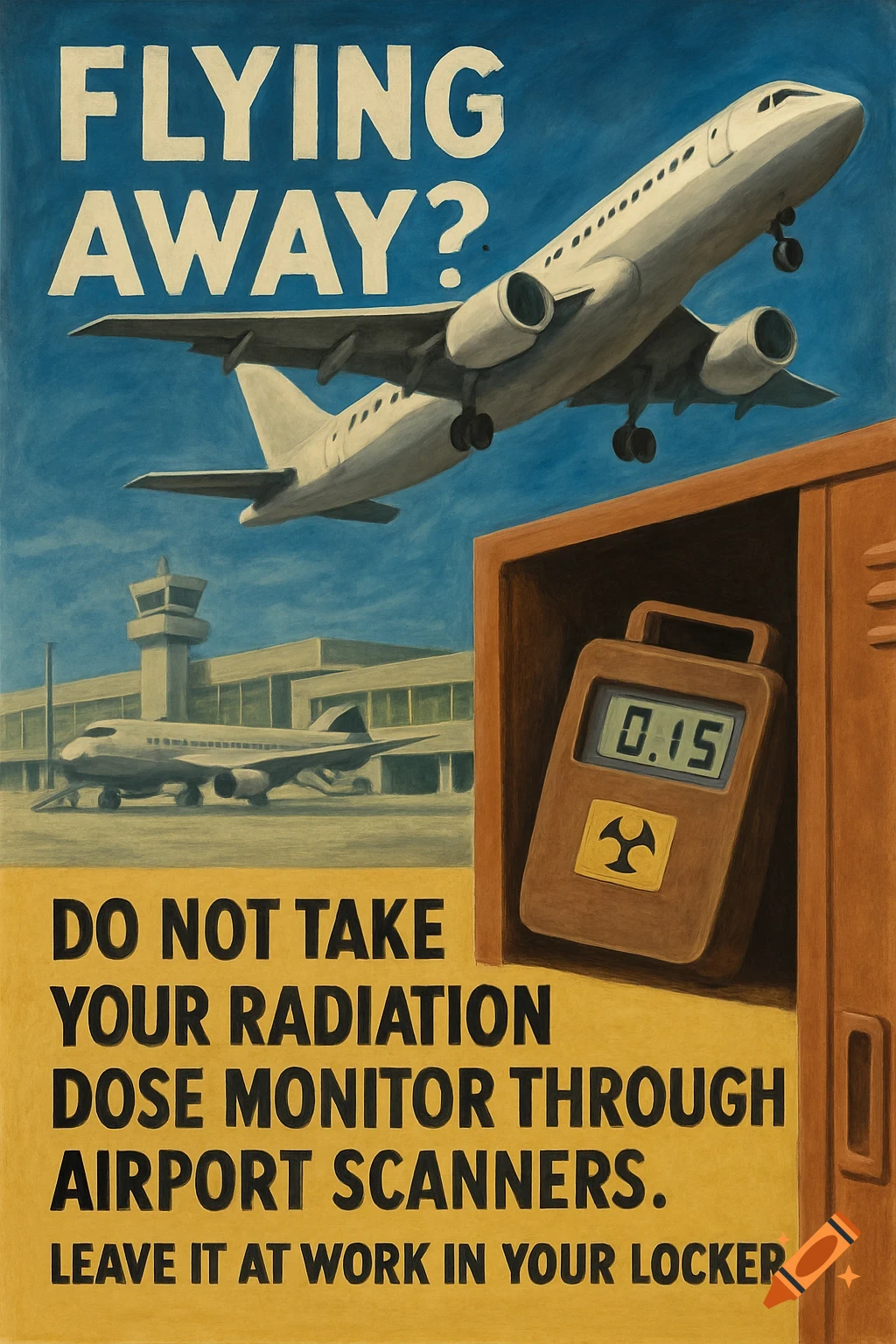 Vintage poster with a plane, airport, radiation monitor, and warning text about scanners.
