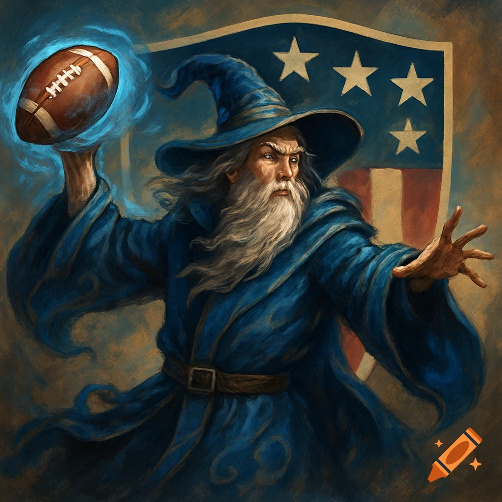 A wizard holding an American football stands in front of a shield adorned with stars and stripes.