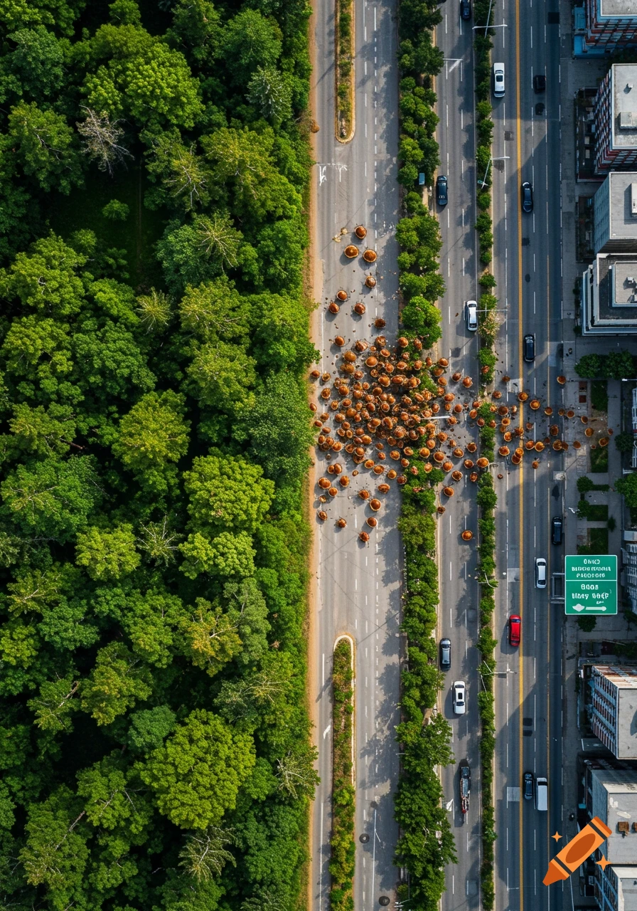 Aerial view of a road with cars, forest, buildings, and a swarm of emerging ticks spreading across the pavement.