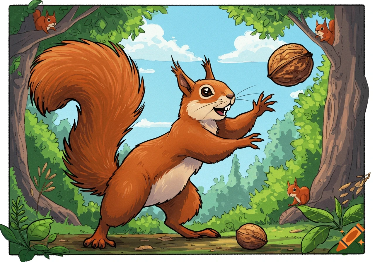 Cartoon squirrel throws a nut in a forest.