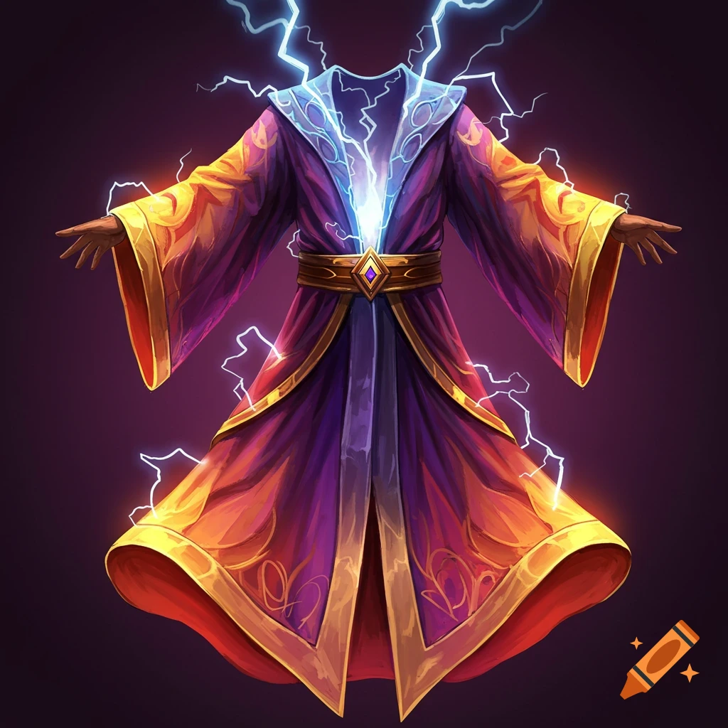 A purple and gold wizard's robe crackling with blue lightning.