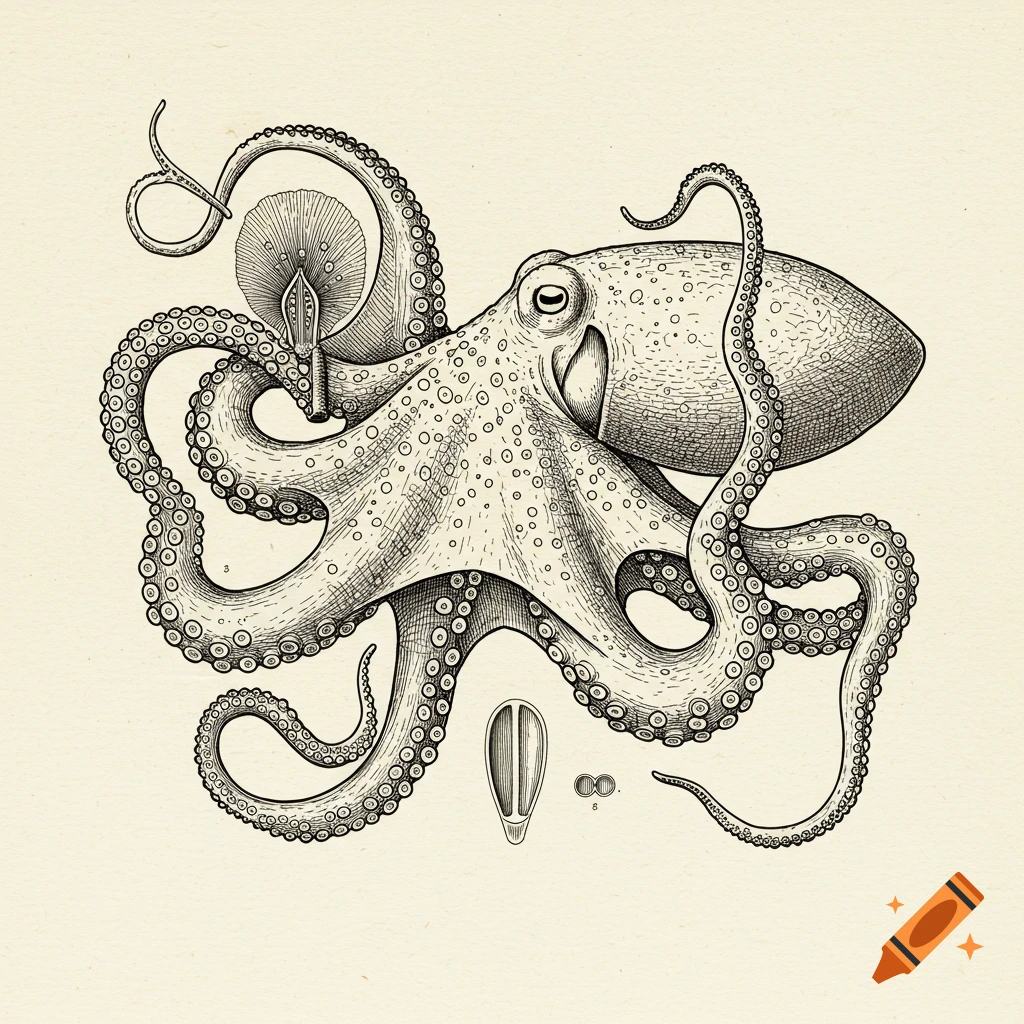 A line drawing illustration of an octopus in Victorian scientific style.