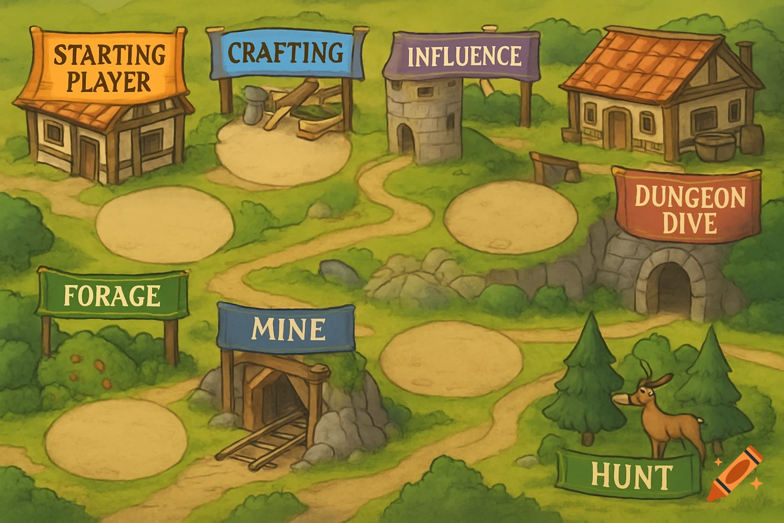 A cartoony fantasy board game map with labeled locations for Starting Player, Crafting, Influence, Dungeon Dive, Forage, Mine, and Hunt.