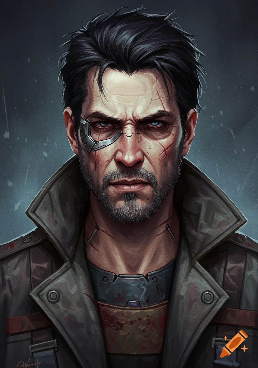 Portrait of a person with a cybernetic eye implant, scars, and a coat