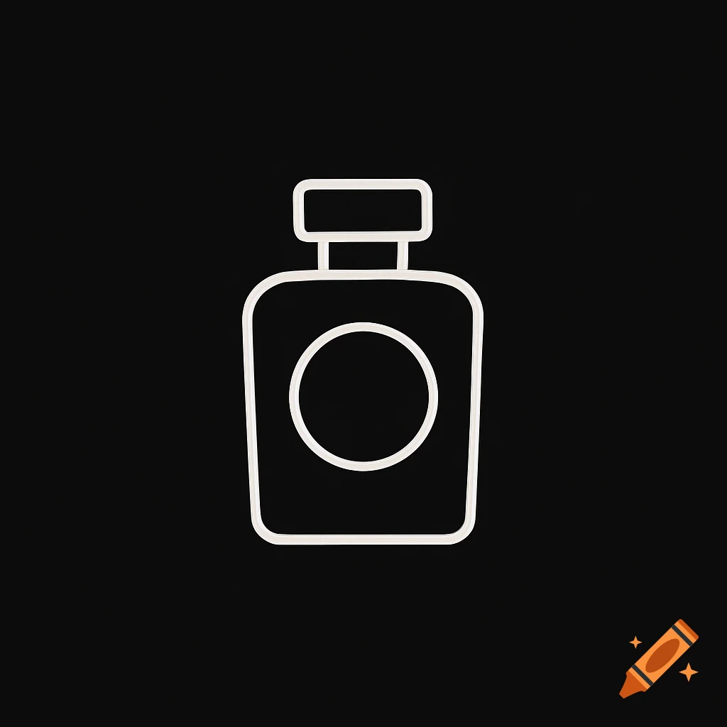 Minimalistic white outline of a bottle with a circle on a black background.