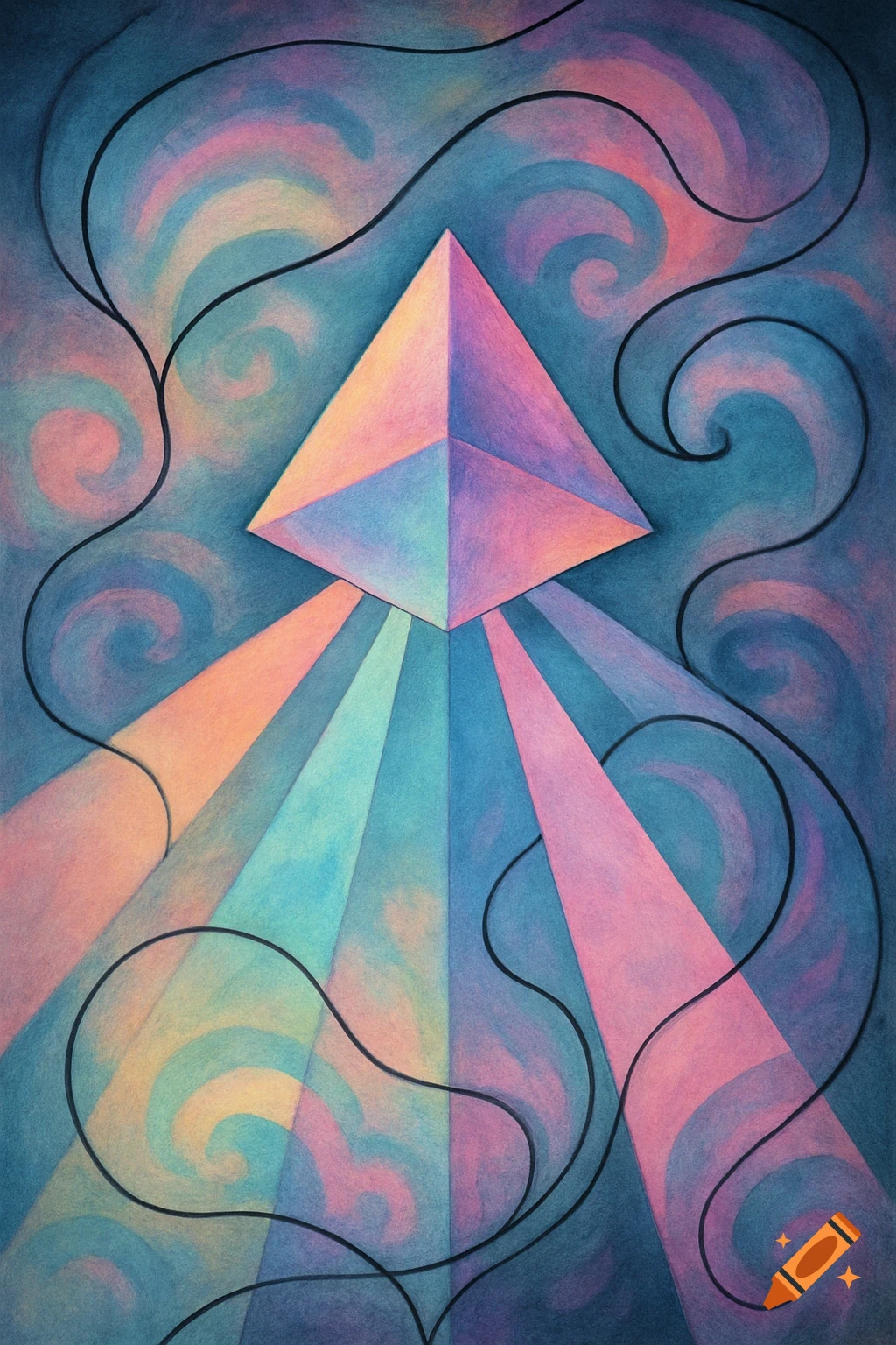 Geometric prism emitting pastel light rays against a dark, swirling background with black lines.