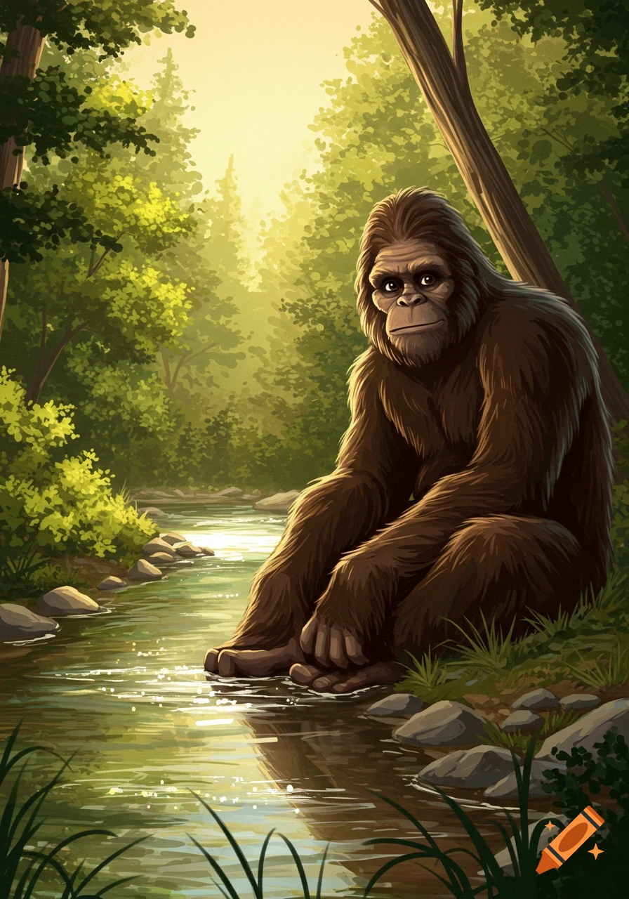 Bigfoot sitting by a river in a sunlit forest.