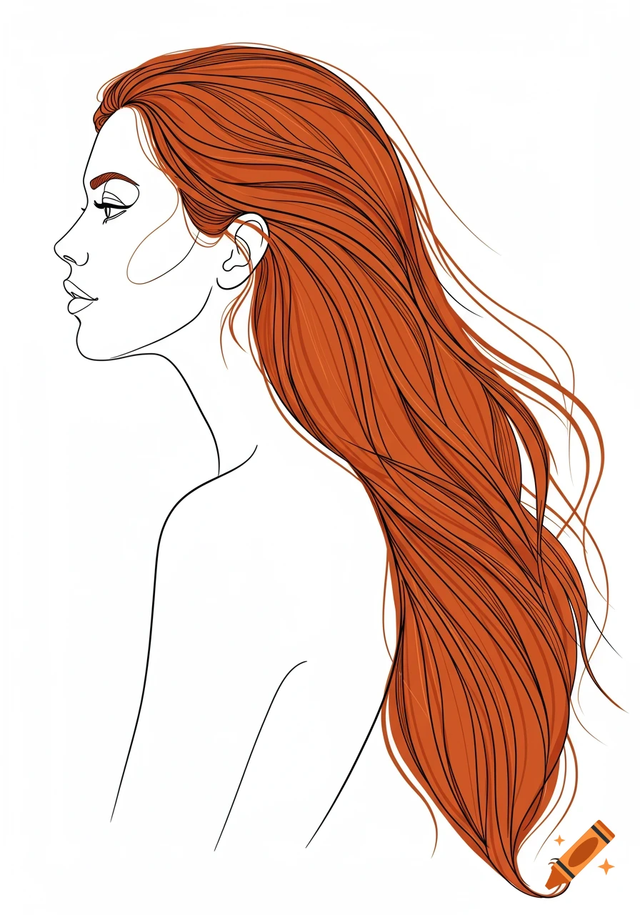 Line art profile illustration of a woman with long, flowing red hair.