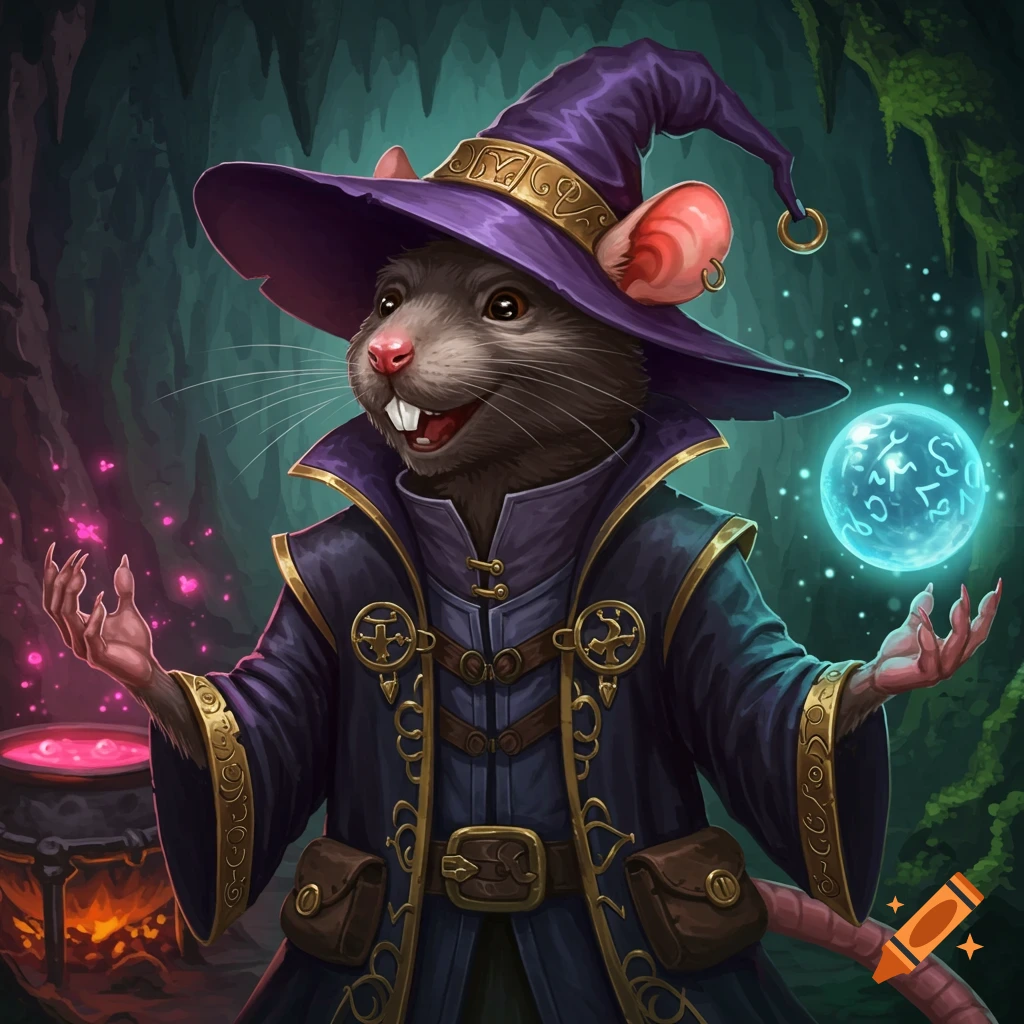 A stoic anthropomorphic white rabbit magician in a purple robe and hat ...