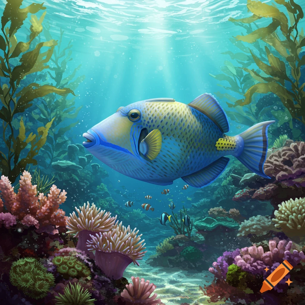 A blue and yellow reef triggerfish swims through a vibrant coral reef.