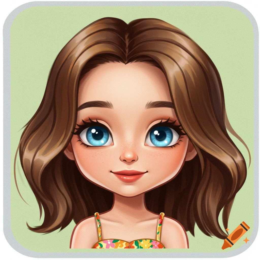 A cartoon close-up portrait of a young woman with brown hair and blue eyes.