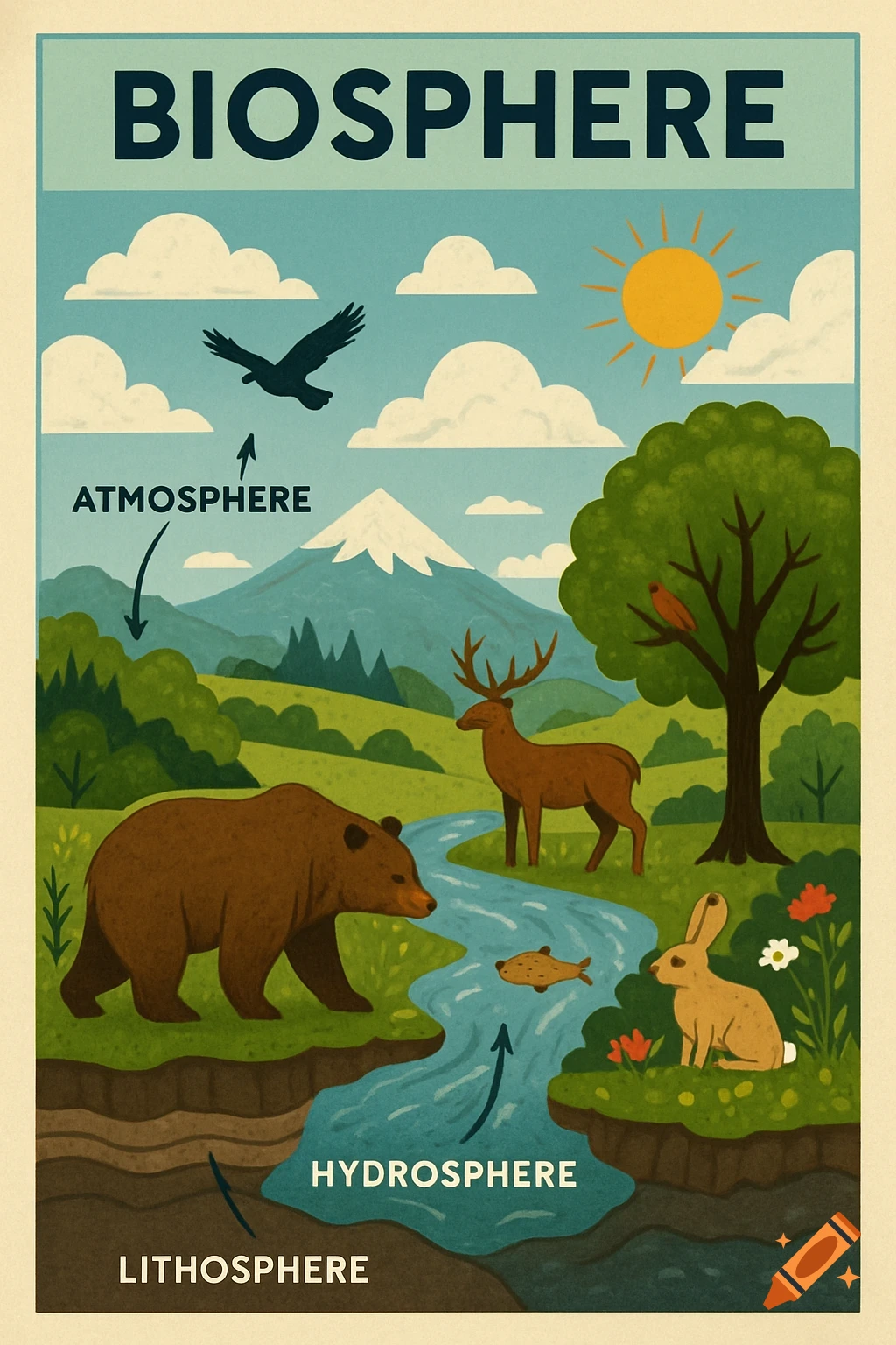 An educational poster illustration depicting the biosphere, showing animals (bear, deer, rabbit, bird, fish) and landscape layers labeled Atmosphere, Hydrosphere, and Lithosphere.
