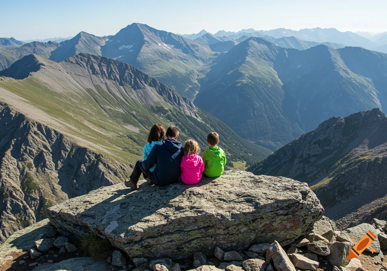 A family sits on a large rock looking out at a vast mountain landscape under a clear blue sky. Photorealistic.