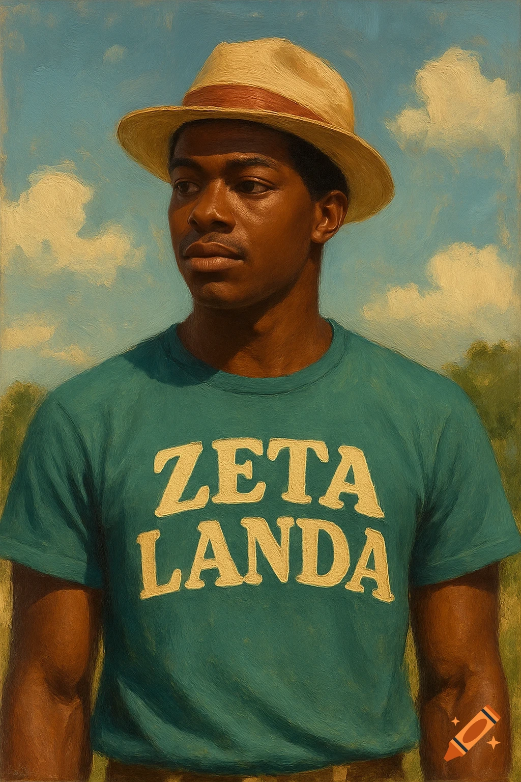 A man in a straw hat and a teal shirt under a cloudy sky.