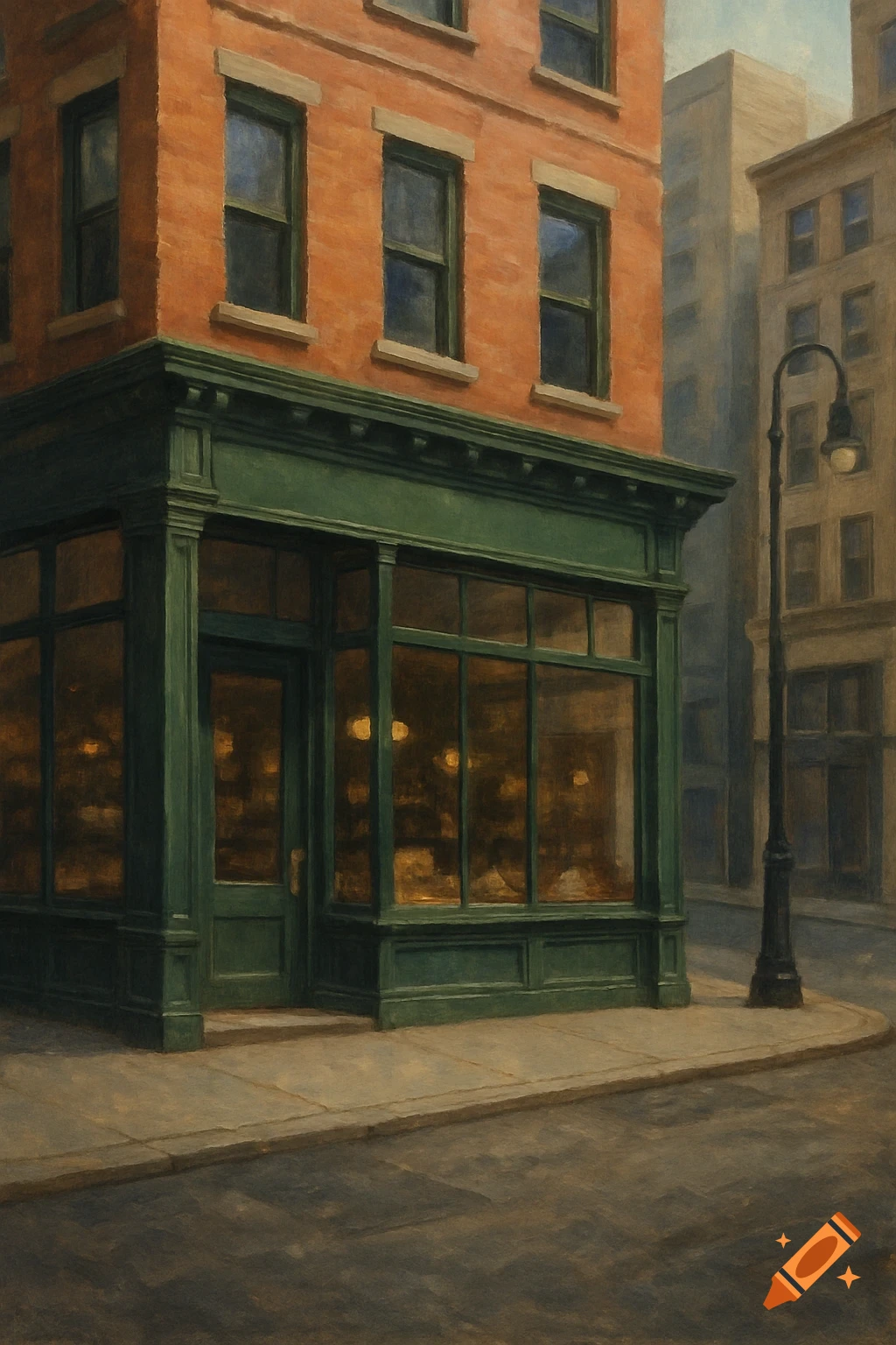 A dark green store front on a city street corner at dusk.