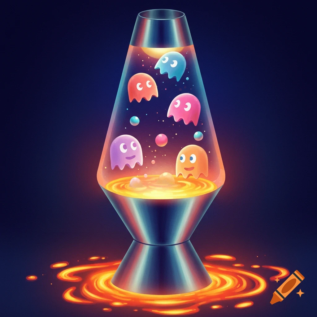 Colorful Pac-Man ghosts floating inside a vibrant lava lamp