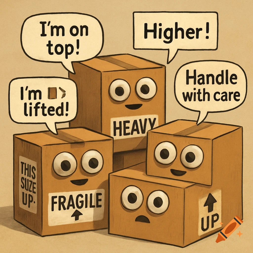 Illustration of anthropomorphic cardboard boxes with faces, labels, and speech bubbles.