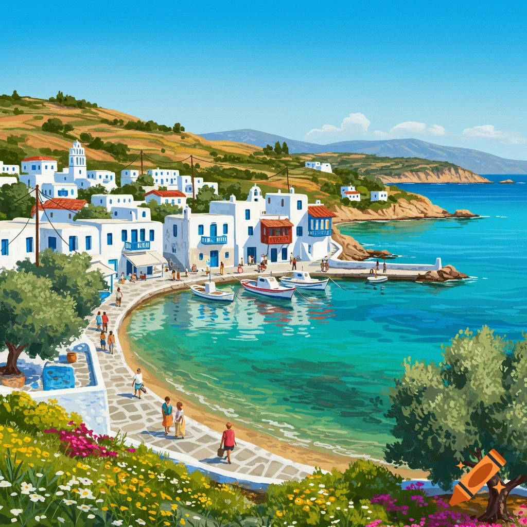 A picturesque Greek coastal town with white buildings, blue water, boats, and people walking along a path.