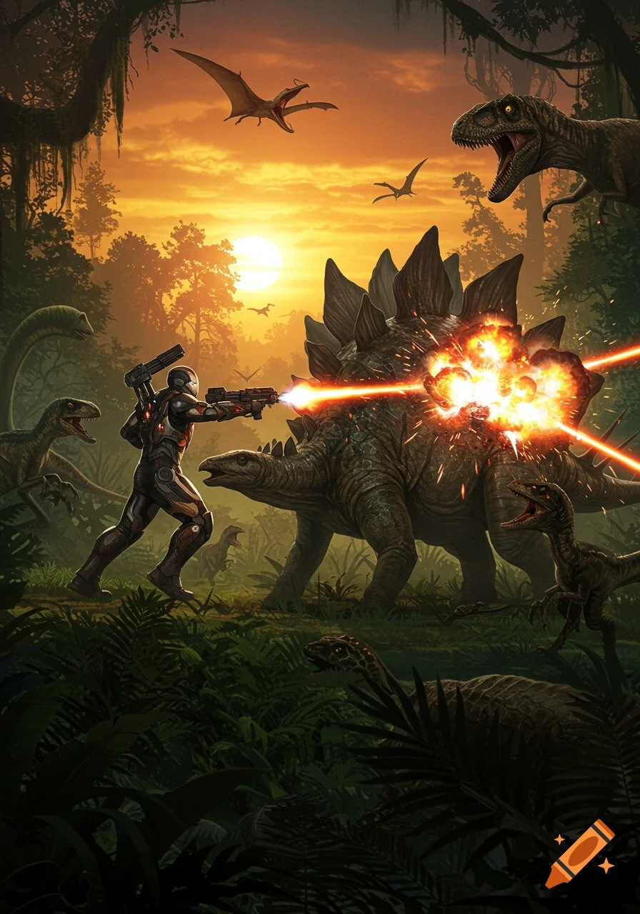 War Machine in a jungle shooting dinosaurs with lasers at sunset.