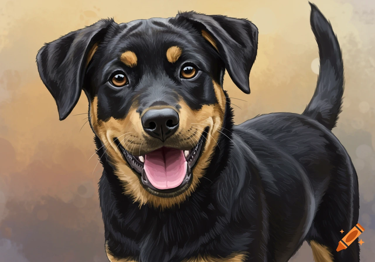 A happy black and tan puppy smiles with its tongue out.