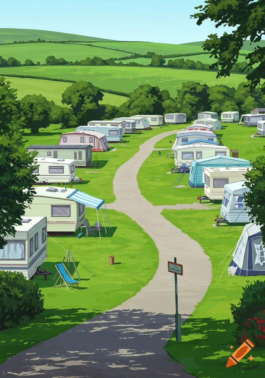 A caravan park with a winding path, various caravans and tents, green hills, and trees.