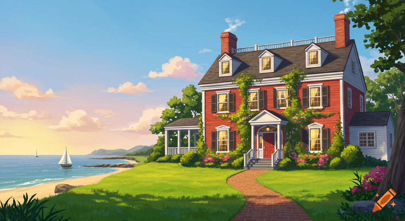 A red Georgian Colonial mansion overlooks a bay with a beach and sailboat under a sunny sky.