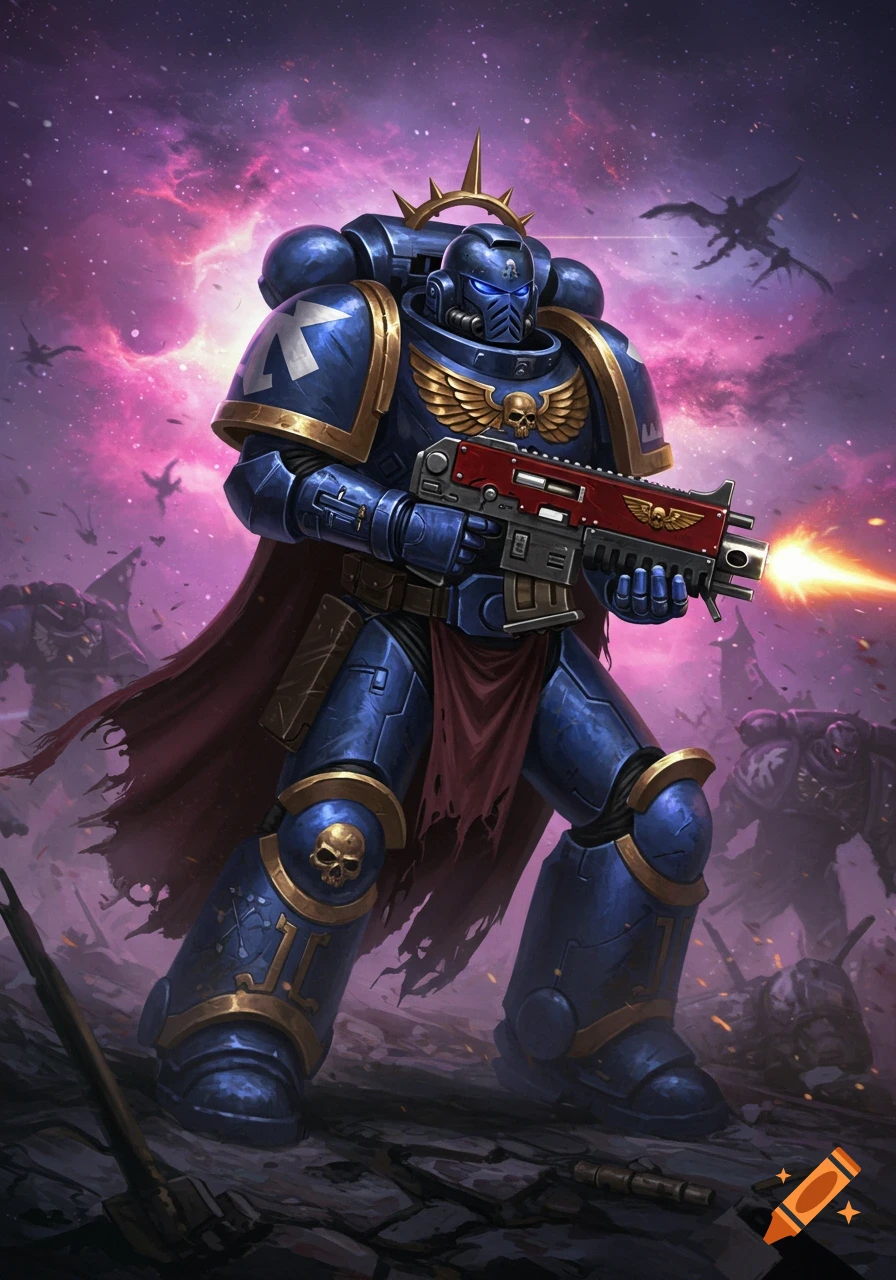 A blue armored space marine fires a red weapon in a futuristic battlefield with a purple sky.