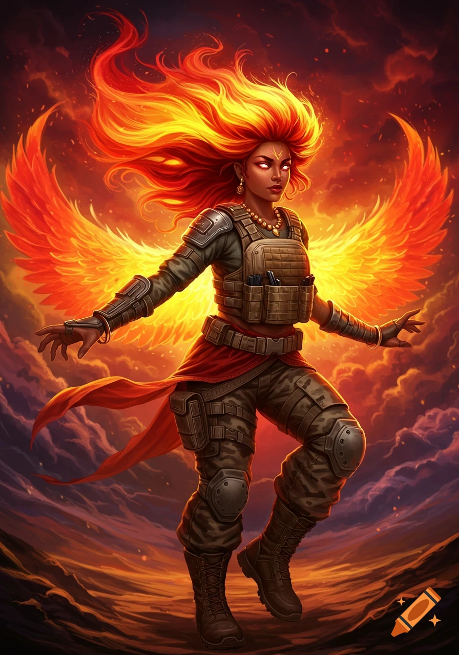 A woman with fiery hair and wings, wearing combat gear and jewelry, is floating in a dramatic sky.