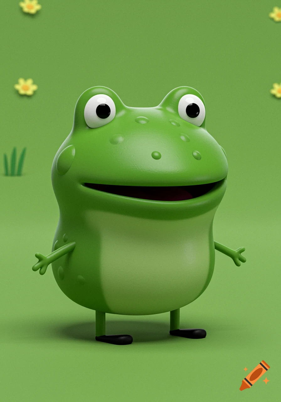 A 3D cartoon frog stands on green ground with small yellow flowers and grass.