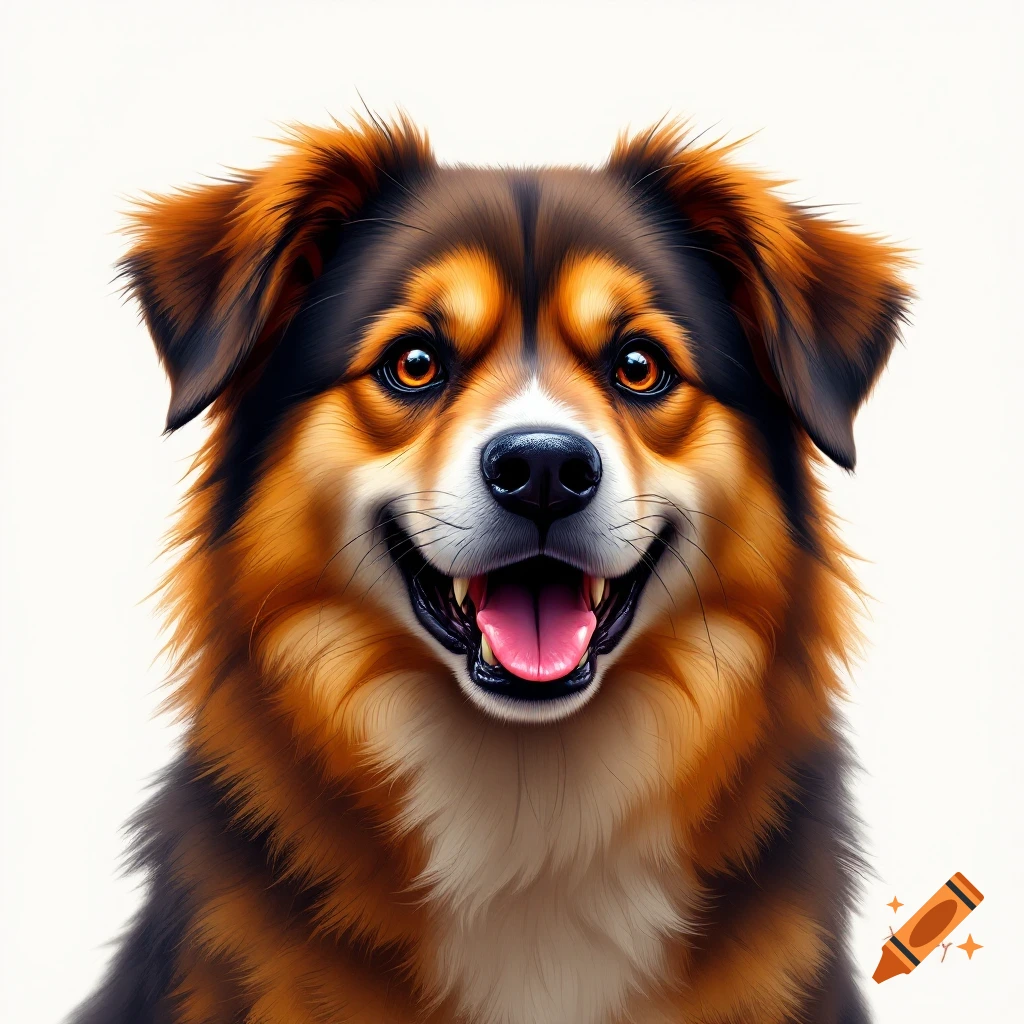 A happy brown and black dog face with bright orange eyes.