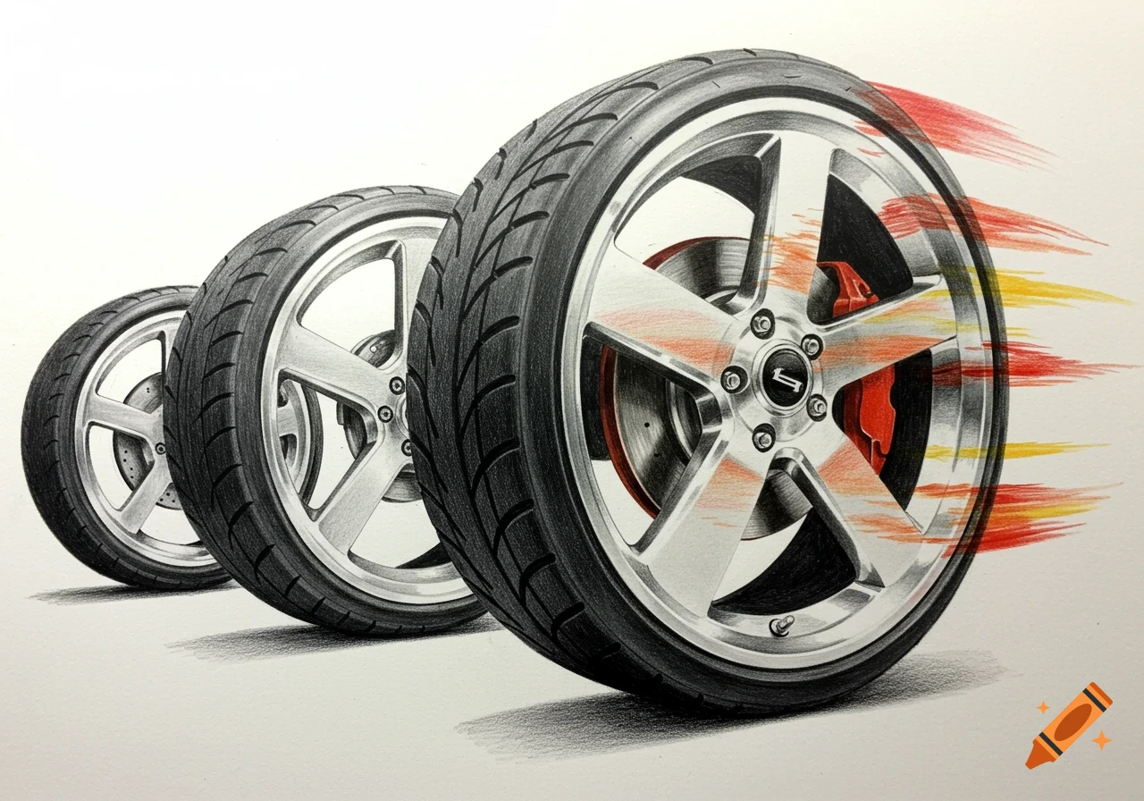 Pencil color drawing of three car wheels in motion, with motion blur trails on the front wheel.