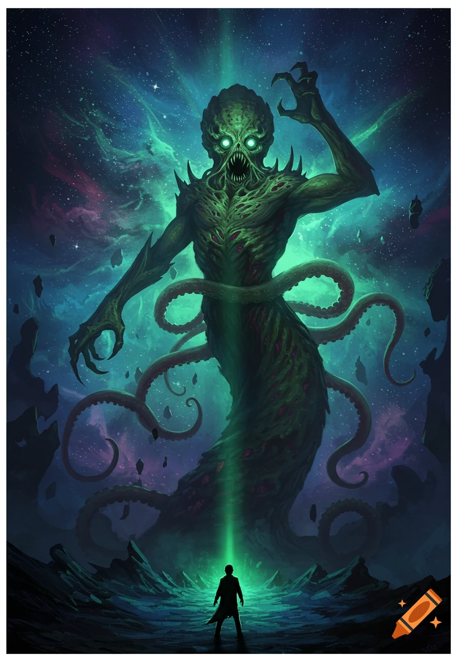 Large, green, tentacled Lovecraftian monster looms over a person under a cosmic sky.