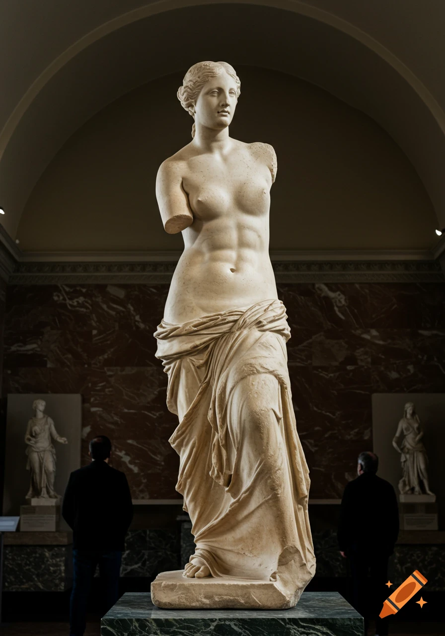 The statue of Venus de Milo in a museum, viewed by people.