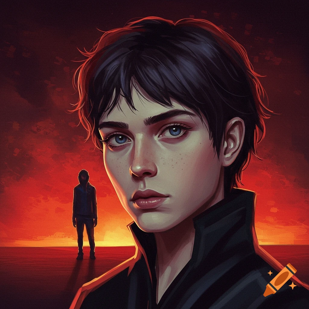A portrait of a person with blue eyes against a fiery red sky with a figure in the distance.