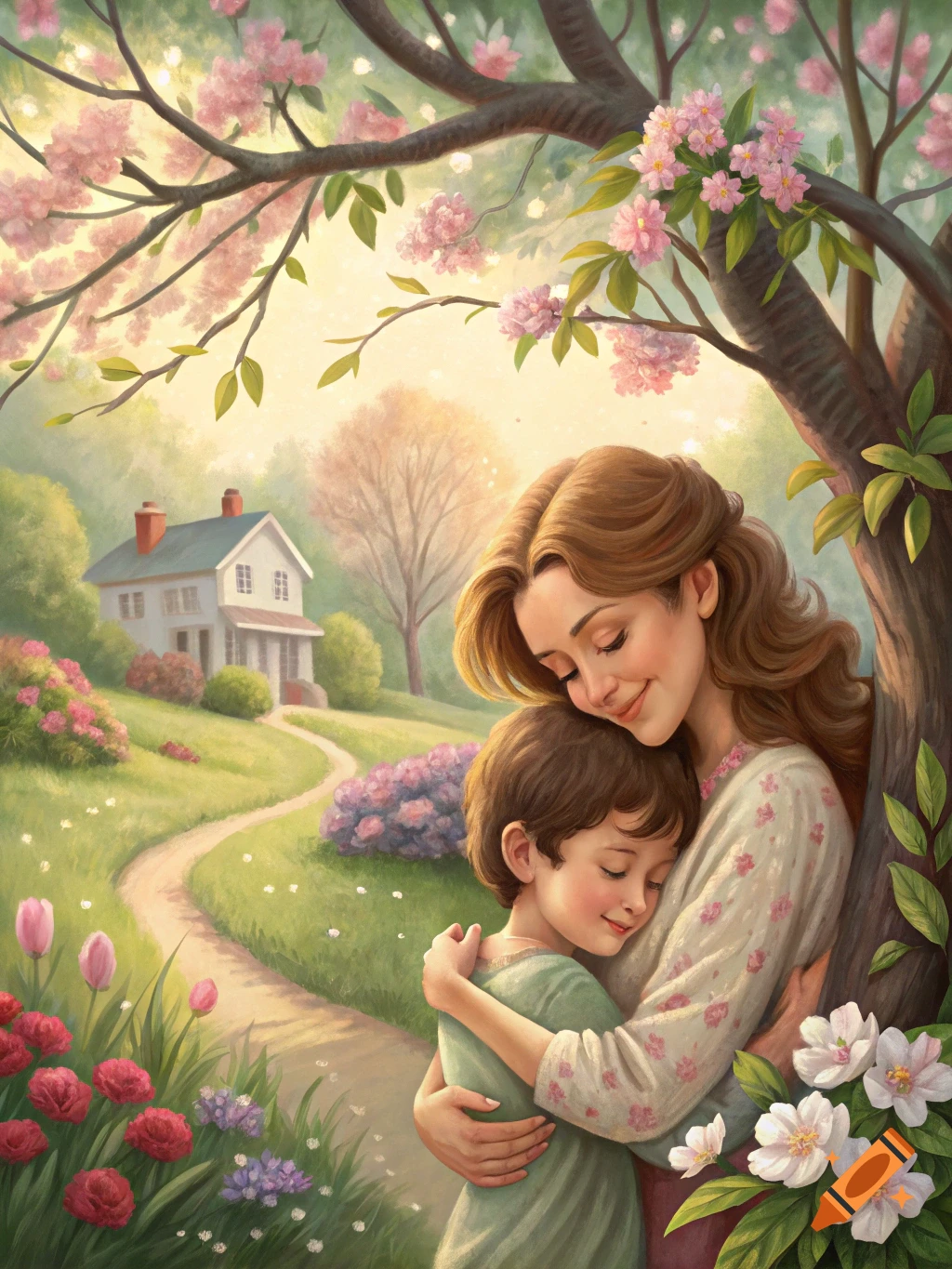 Painterly illustration of a mother hugging her child in a sunny garden with a house in the background and pink flowers.