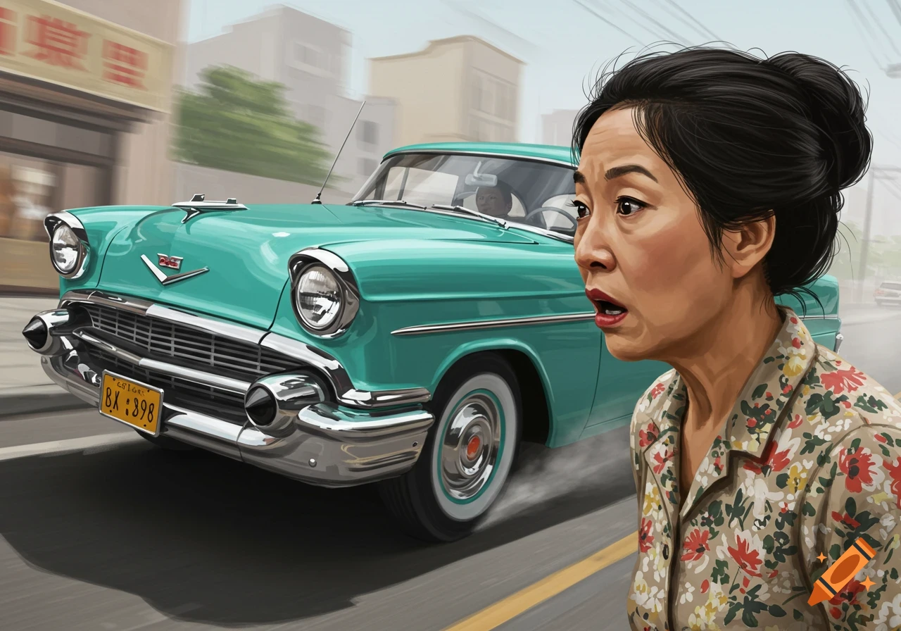 Image of a shocked Asian woman as a teal vintage car speeds past her on a city street.