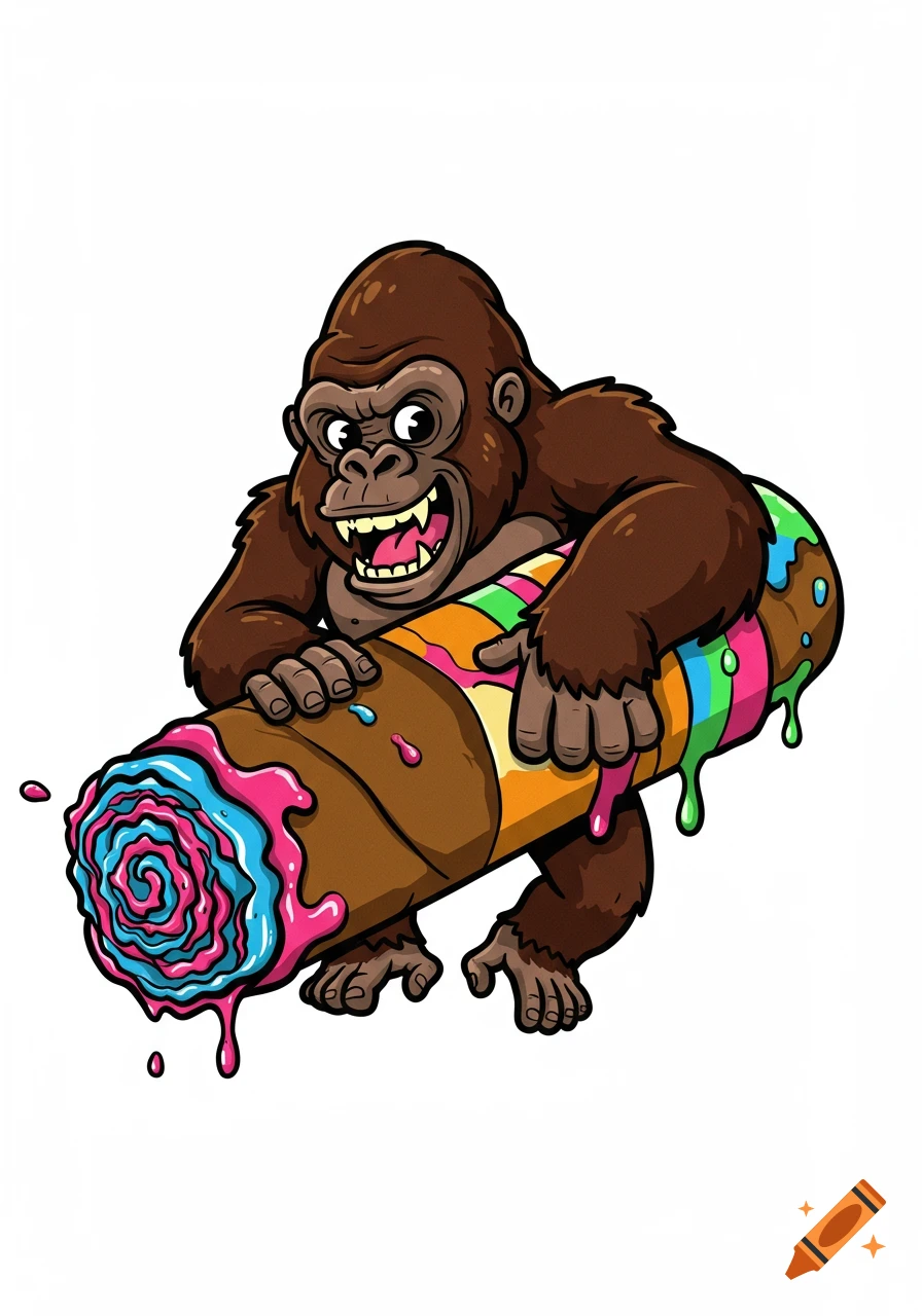 Cartoon gorilla holding a colorful, dripping log.