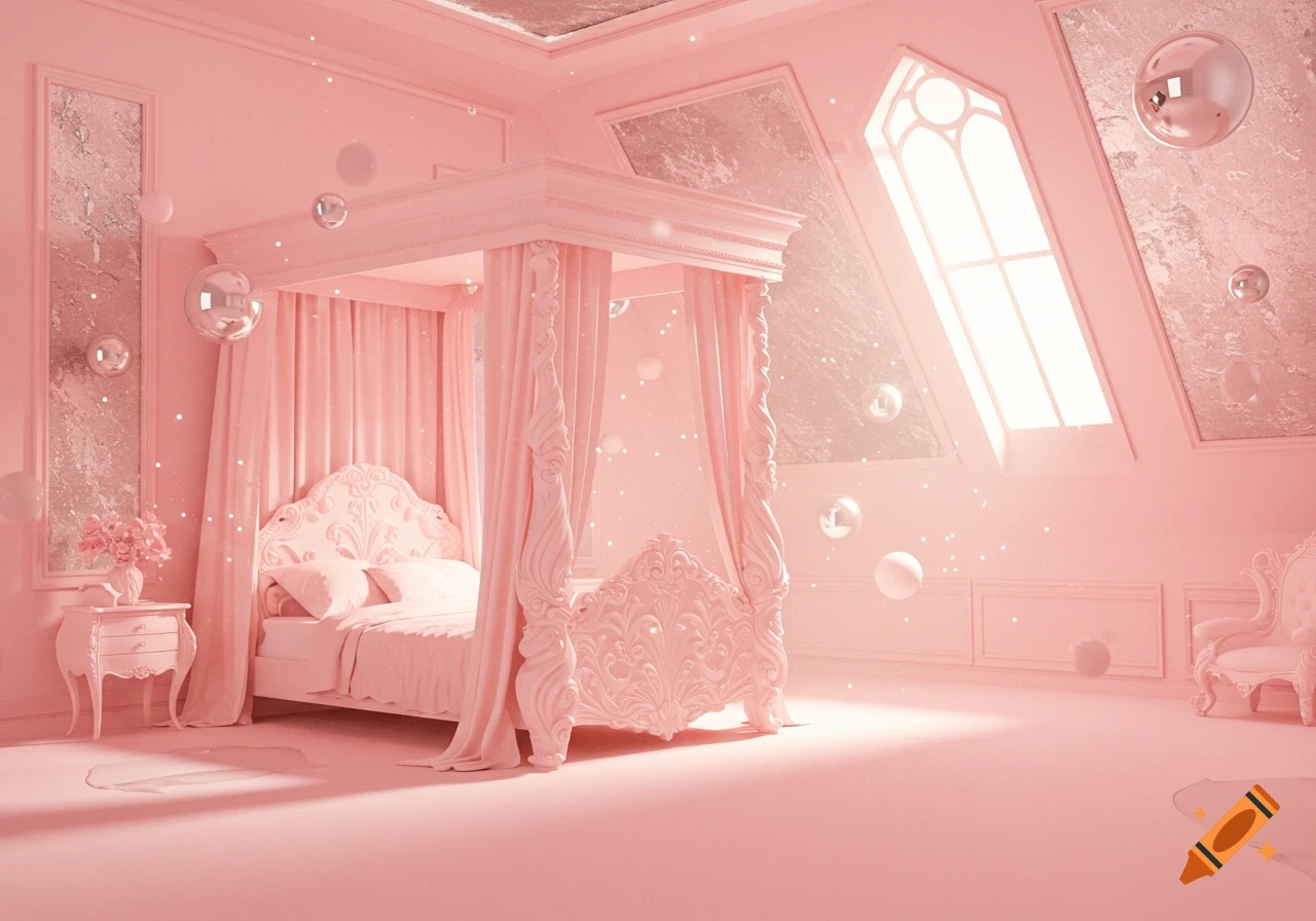 Surreal pink bedroom with canopy bed and floating spheres.